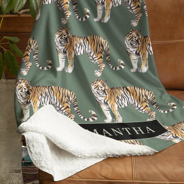 Tropical Green Watercolor Tigers Pattern With Name Sherpa Blanket (Creator Uploaded)