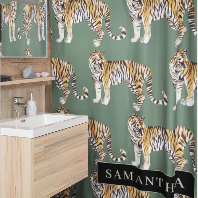 Tropical Green Watercolor Tigers Pattern With Name Shower Curtain (Creator Uploaded)