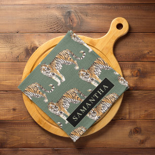 Tropical Green Watercolor Tigers Pattern With Name Tea Towel