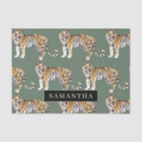 Tropical Green Watercolor Tigers Pattern With Name