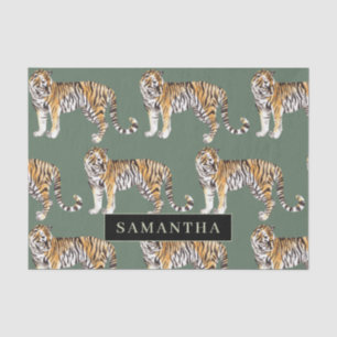 Tropical Green Watercolor Tigers Pattern With Name Tissue Paper