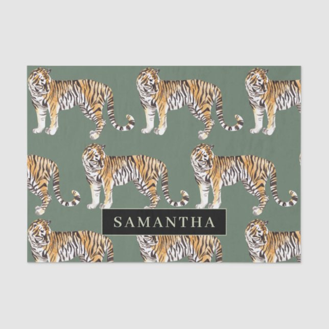 Tropical Green Watercolor Tigers Pattern With Name Tissue Paper (Front)