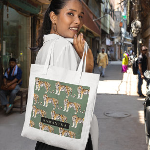 Tropical Green Watercolor Tigers Pattern With Name Tote Bag