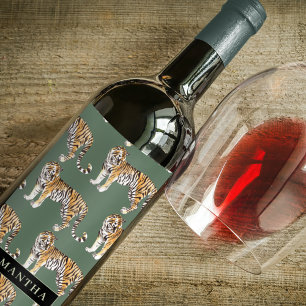Tropical Green Watercolor Tigers Pattern With Name Wine Label