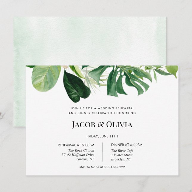 Tropical Green Wedding Rehearsal Dinner invite (Front/Back)