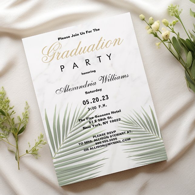 Tropical green white marble floral Graduation  Invitation (Tropical green white marble floral Graduation )