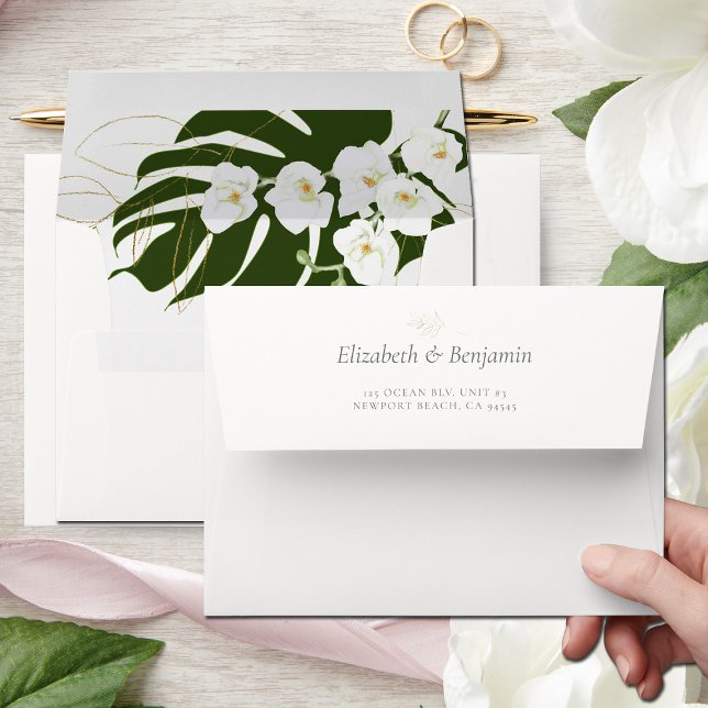 Tropical Green White Orchids Elegant Bridal Shower Envelope (Creator Uploaded)