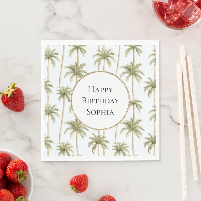 Tropical Green White Palm Trees Birthday Napkin (Insitu)