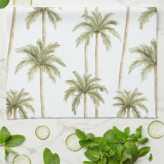 Tropical Green White Palm Trees   Tea Towel (Folded)