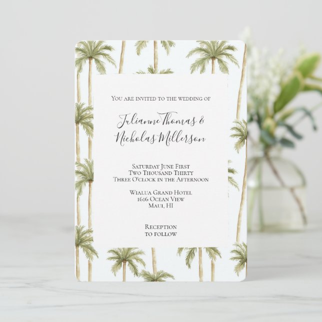 Tropical Green White Palm Trees Wedding Invitation (Standing Front)