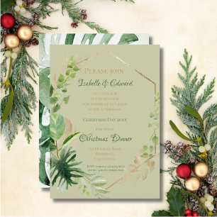 Tropical Green With Gold Leaves Christmas Dinner Invitation