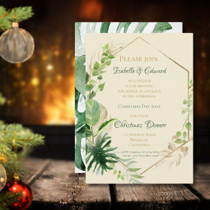 Tropical Green With Gold Leaves Christmas Dinner Invitation