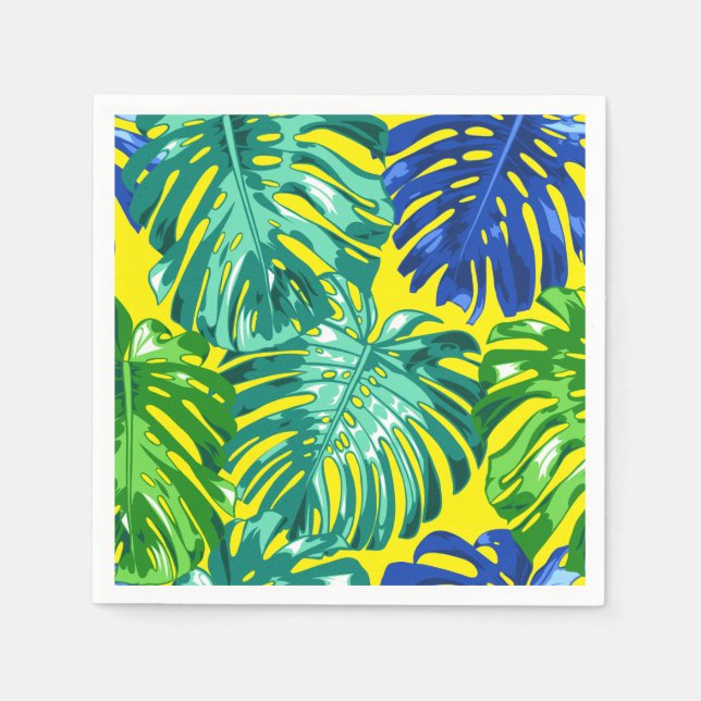 Tropical Green Yellow Blue Monstera Jungle Leaves Napkin (Front)