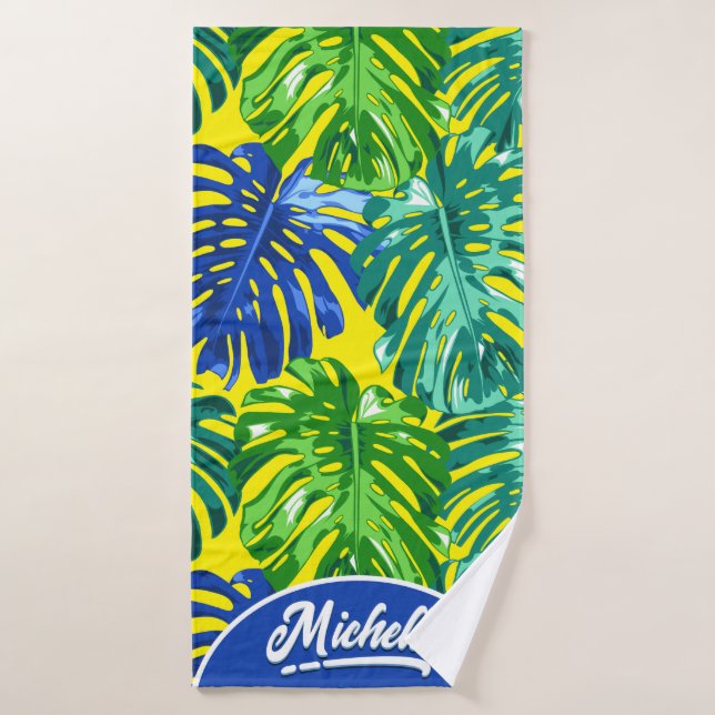 Tropical Green Yellow Jungle Leaves Name Bath Towel (Bath Towel)