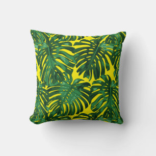 Tropical Green Yellow Jungle Leaves Pattern Cushion