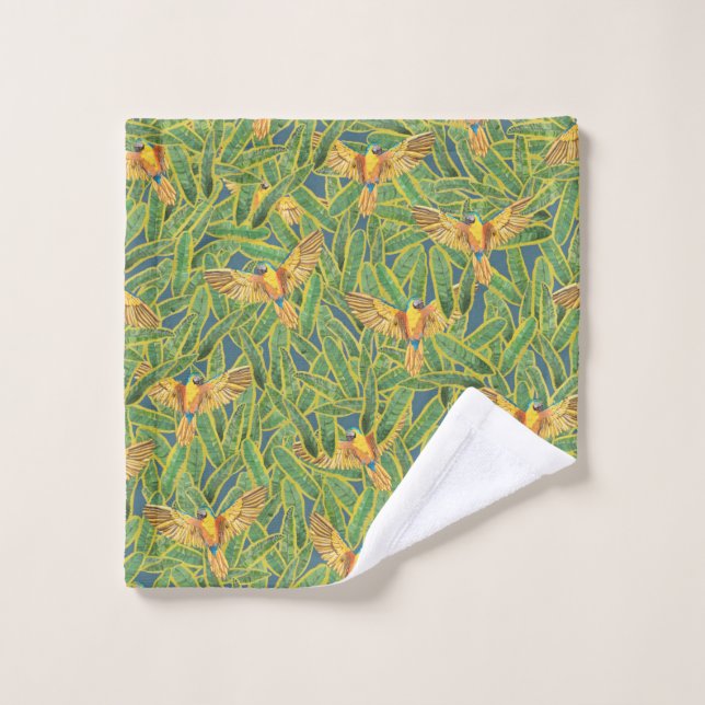 Tropical Green Yellow Orange Leaves Parrot Pattern Wash Cloth (Wash Cloth)