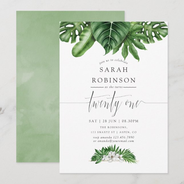 Tropical Greenery 21st Birthday Party Invitation (Front/Back)