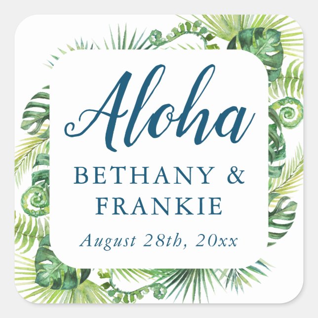 Tropical Greenery Aloha Beach Wedding Thank You  Square Sticker (Front)