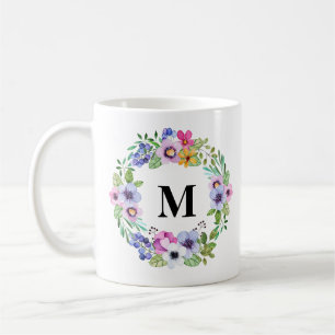 Tropical Greenery and Flowers Wreath Monogram gift Coffee Mug