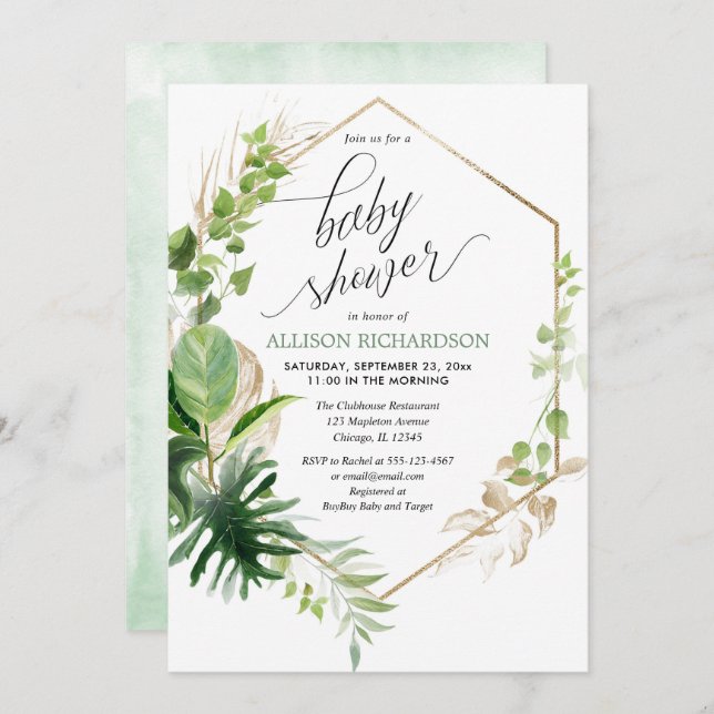 Tropical greenery and gold elegant baby shower invitation (Front/Back)