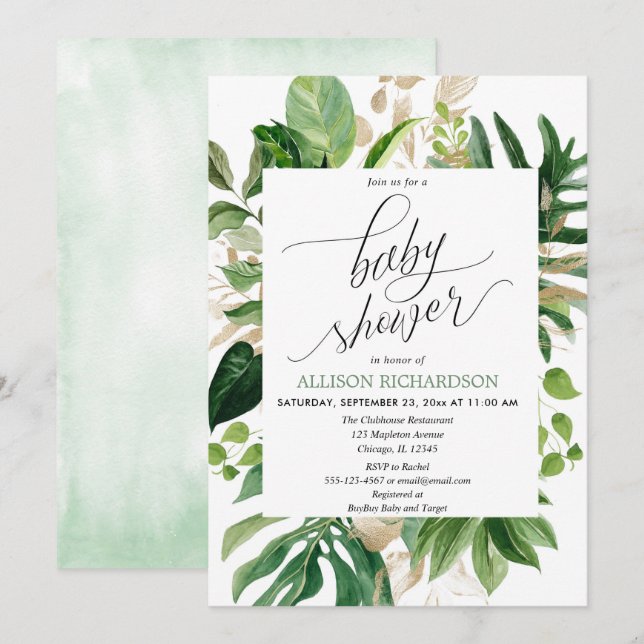 Tropical greenery and gold elegant baby shower invitation (Front/Back)