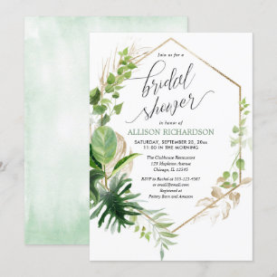 Tropical greenery and gold elegant bridal shower invitation