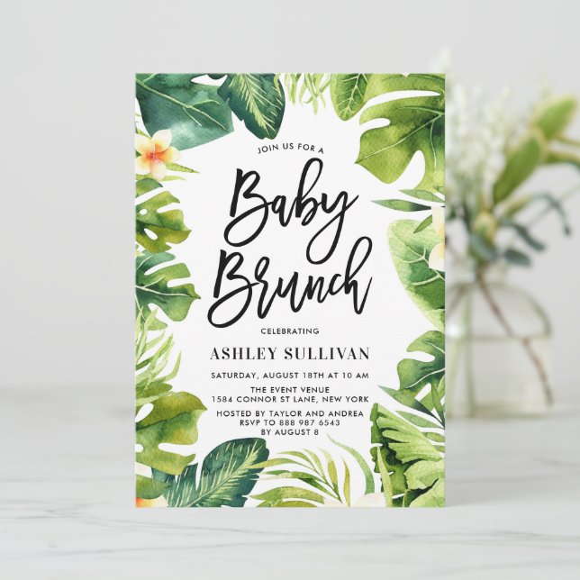 Tropical Greenery and Plumeria Baby Shower Brunch Invitation (Standing Front)
