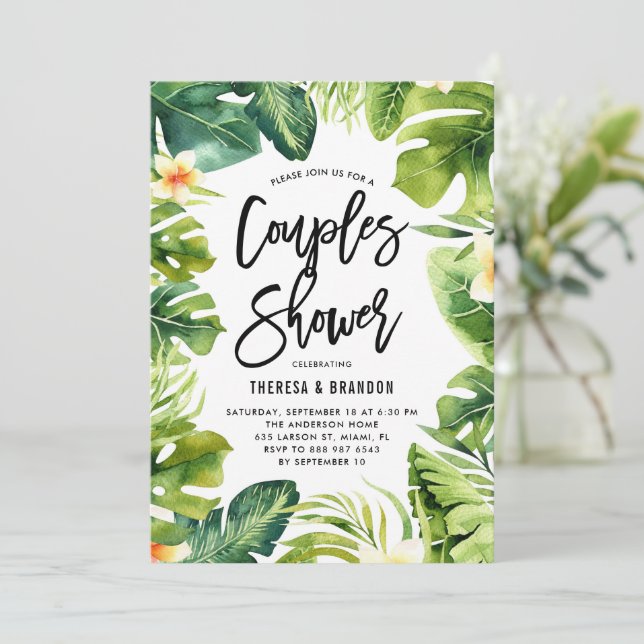 Tropical Greenery and Plumeria Couples Shower Invitation (Standing Front)