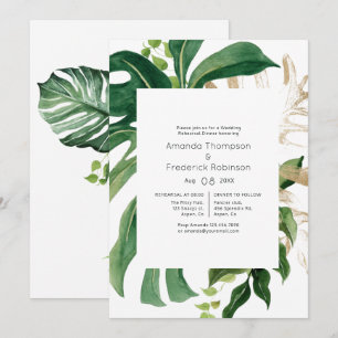 Tropical Greenery Beach Wedding Rehearsal Dinner Invitation
