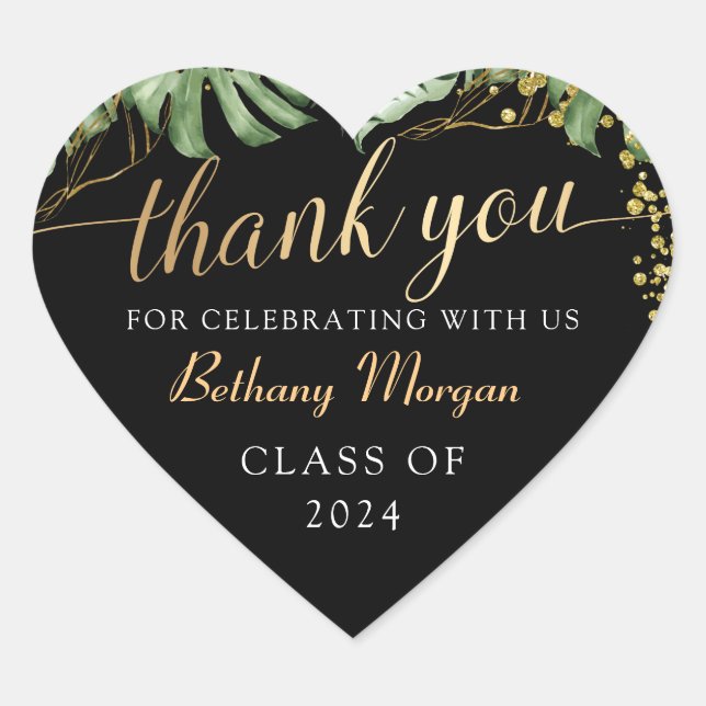 Tropical Greenery Black Gold Graduation Thank You Heart Sticker (Front)
