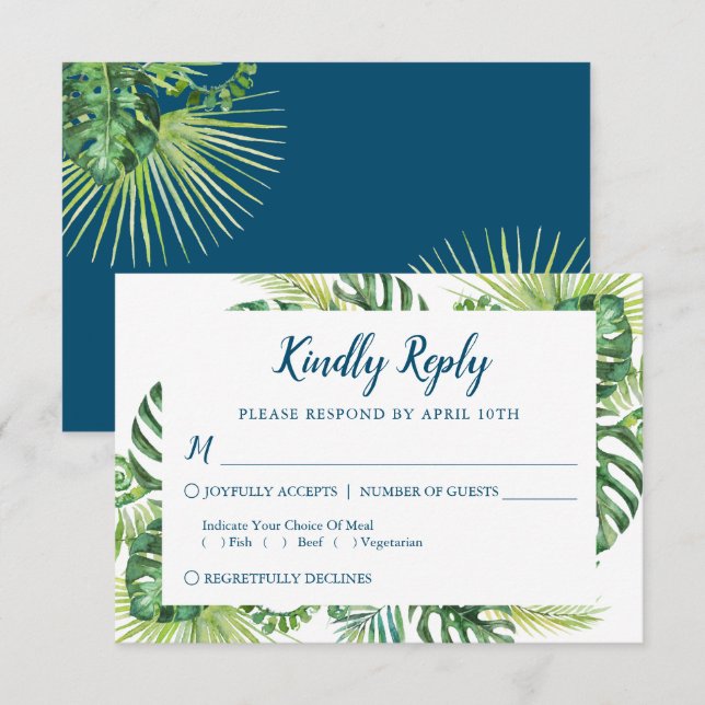 Tropical Greenery Blue Beach Wedding RSVP Card (Front/Back)