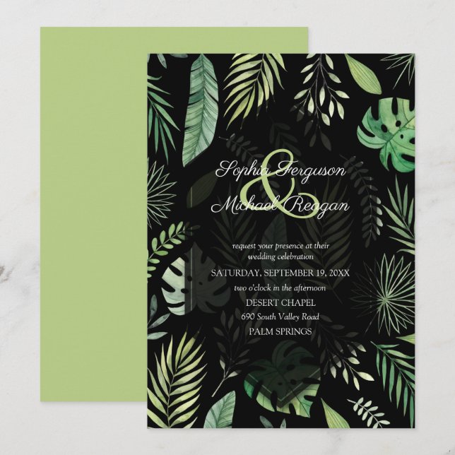 Tropical Greenery Botanical Black Wedding Invites (Front/Back)