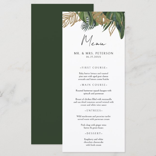 Tropical Greenery Botanical Summer Boho Wedding Menu (Front/Back)