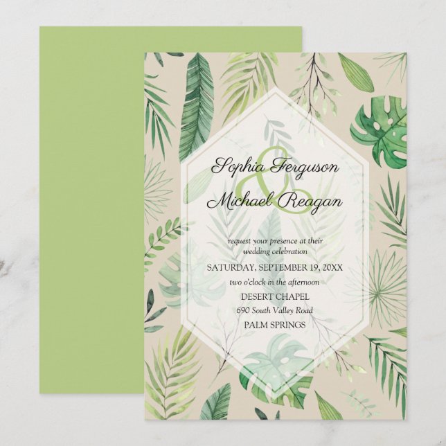 Tropical Greenery Botanical Tan Wedding Invites (Front/Back)