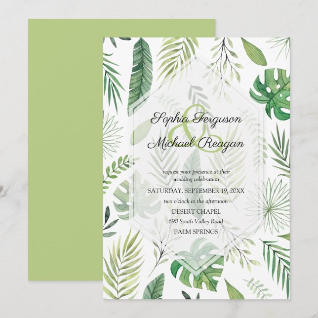 Tropical Greenery Botanical Wedding Invites (Front/Back)
