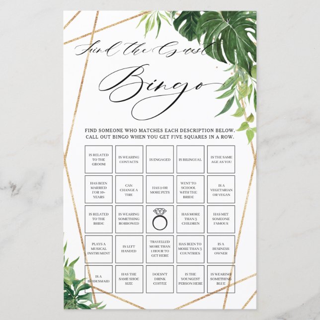 Tropical Greenery Bridal Find the Guest Bingo Game (Front)