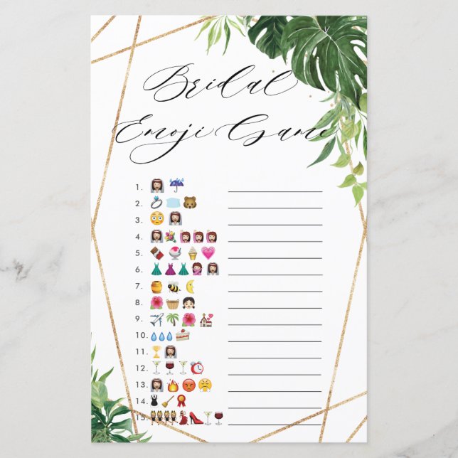 Tropical Greenery Bridal Shower Emoji Game (Front)