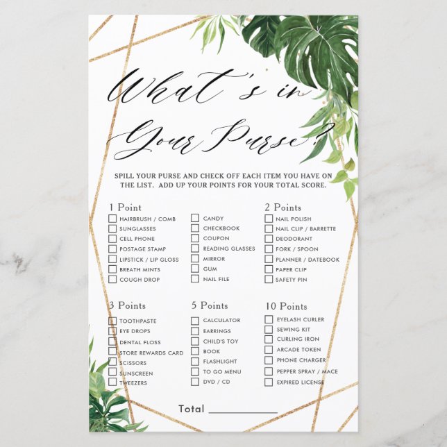 Tropical Greenery Bridal What's In Your Purse Game (Front)