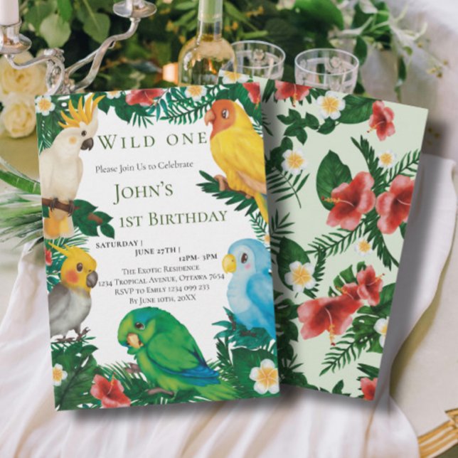 Tropical Greenery Exotic Parrots Wild One Birthday Invitation (Creator Uploaded)