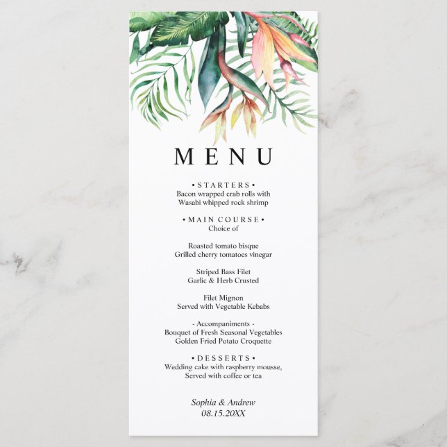 Tropical Greenery Flowers Modern Minimal Wedding Menu (Front)