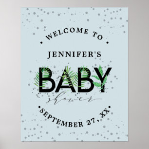 Tropical Greenery Foliage Blue Boy Baby Shower Poster