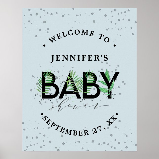 Tropical Greenery Foliage Blue Boy Baby Shower Poster (Front)