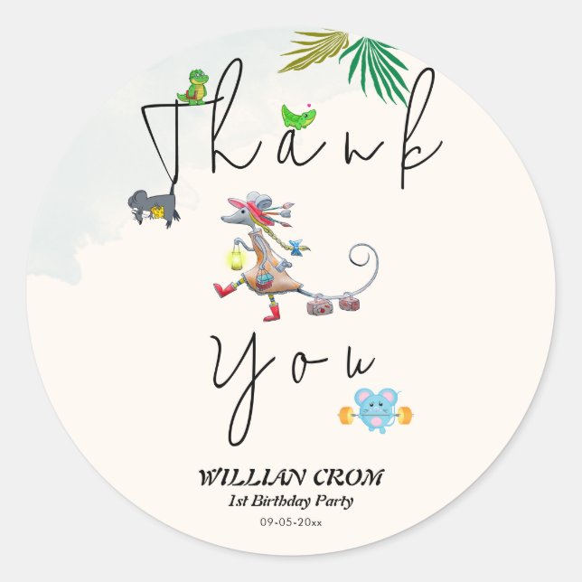 Tropical Greenery Forest Animal Thank You Classic Round Sticker (Front)