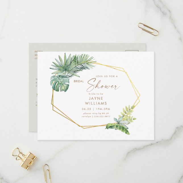 Tropical Greenery Geometric Bridal Shower Invitation Postcard (Front/Back In Situ)