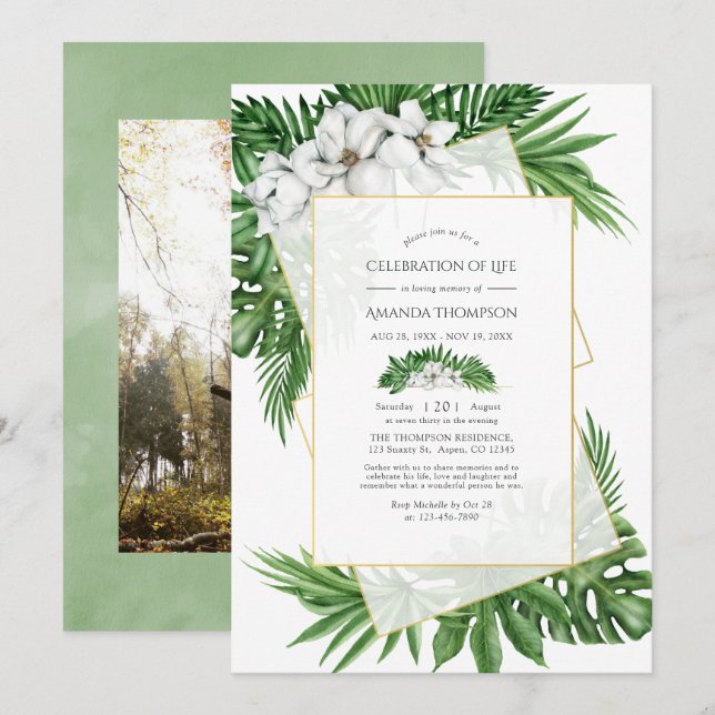 Tropical Greenery Geometric Celebration of Life  Invitation (Front/Back)