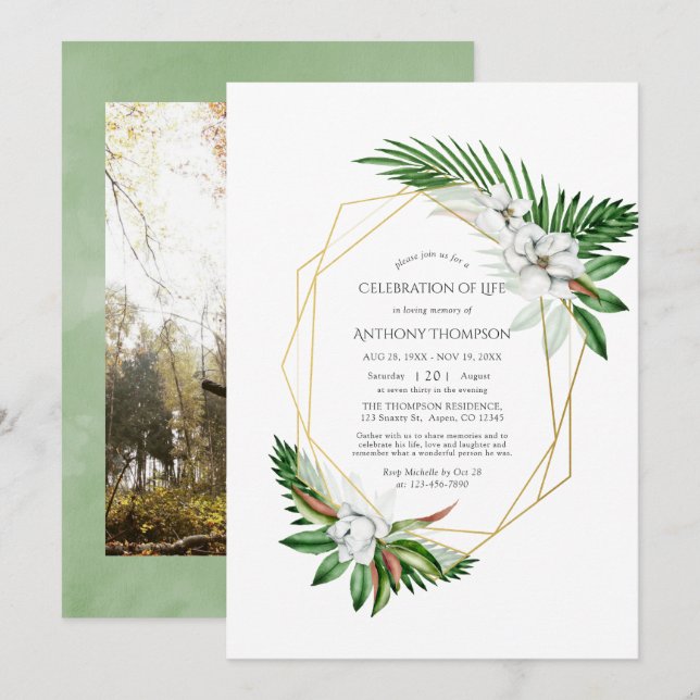 Tropical Greenery Geometric Celebration of Life Invitation (Front/Back)