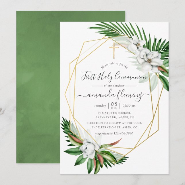 Tropical Greenery Geometric First Holy Communion Invitation (Front/Back)