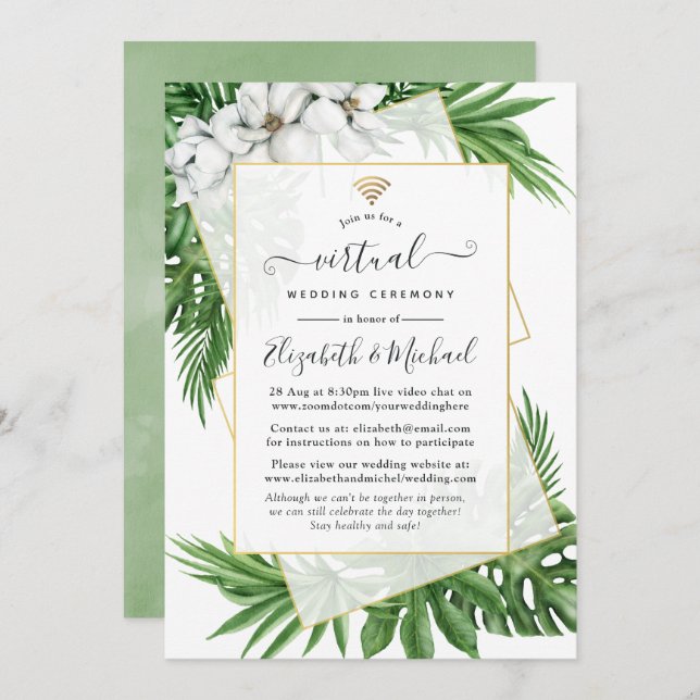 Tropical Greenery Geometric Online Virtual Wedding Invitation (Front/Back)