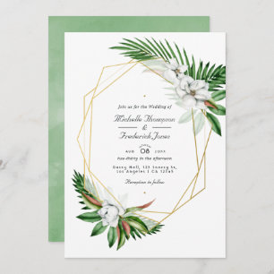 Tropical Greenery Geometric QR Code RSVP Wedding Invitation