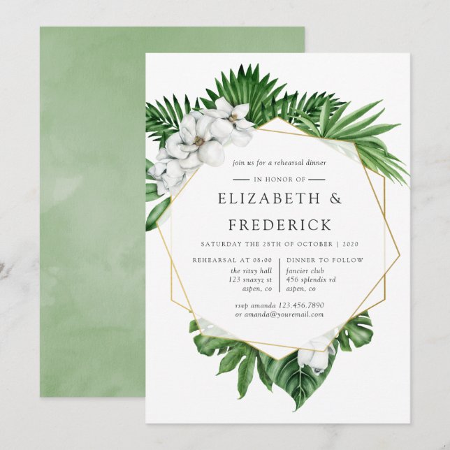 Tropical Greenery Geometric Rehearsal Dinner Invitation (Front/Back)